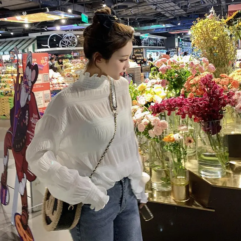 Chiffon Bottoming Shirt Ruffled Sweet Style Spring Autumn Half High Collar Slim See-Through Flare Sleeve Top Elegant Pullover