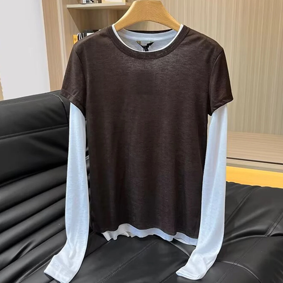 

Dave&Di модная женская элегантная коричневая футболка с цветными блоками и круглым вырезом, женская одежда, женская одежда, осенняя футболка с длинными рукавами