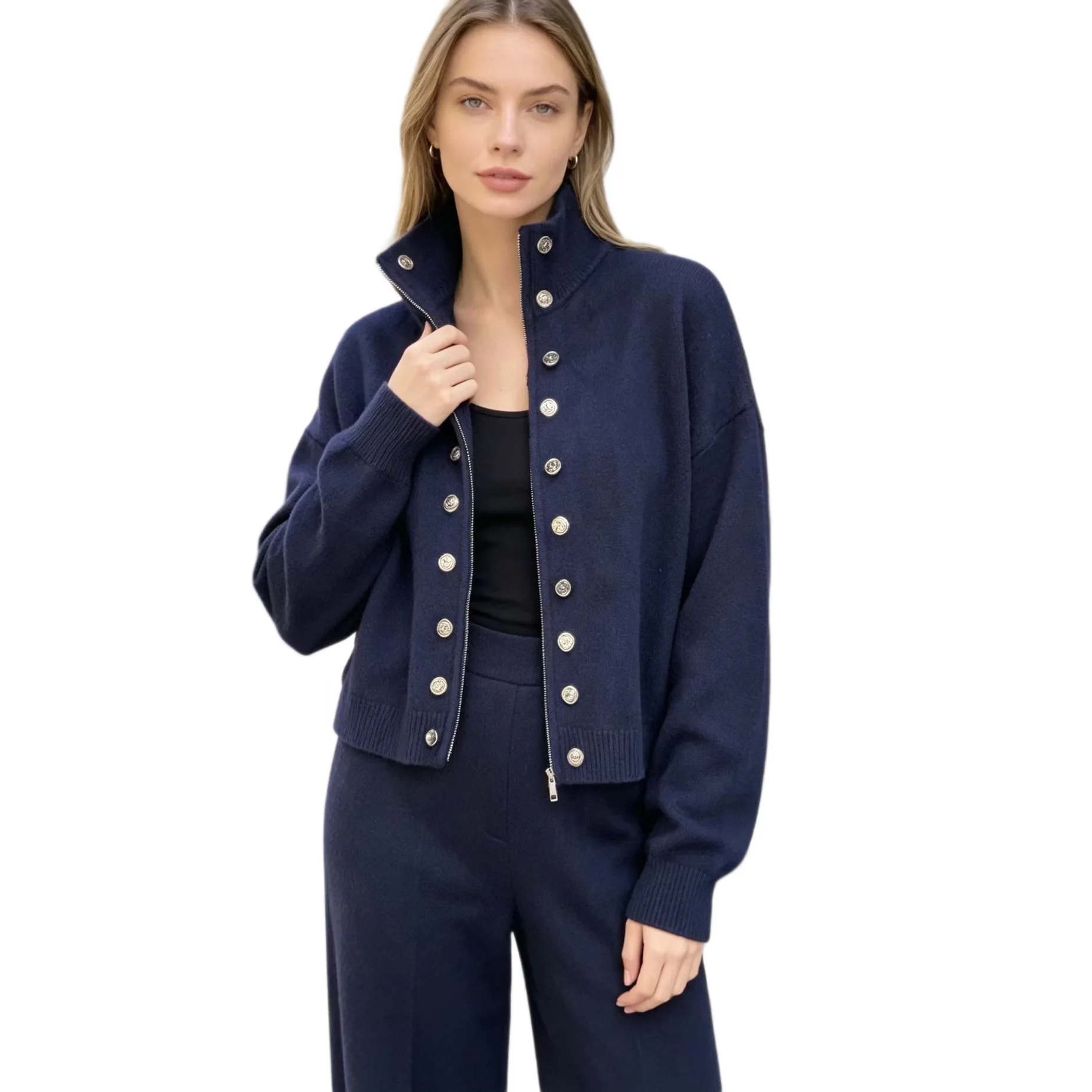 Women Knititng Sweater 2026 Autumn New Women Double Breasted Stand Collar Zip Knit Cardigan Loose Cropped Sweater Coat 5