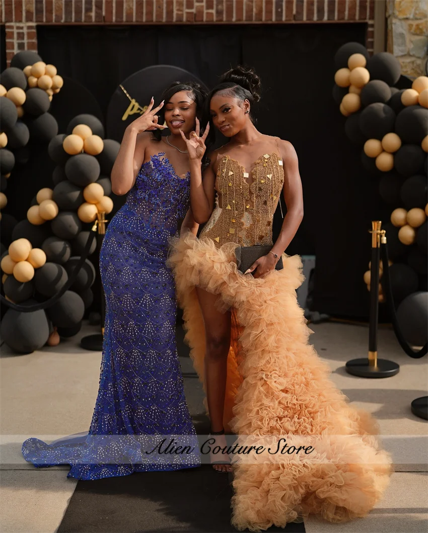 Vestidos de fiesta con diamantes dorados brillantes, vestido de fiesta Formal con volantes escalonados y cuentas de cristal, vestido de recepción de boda personalizado