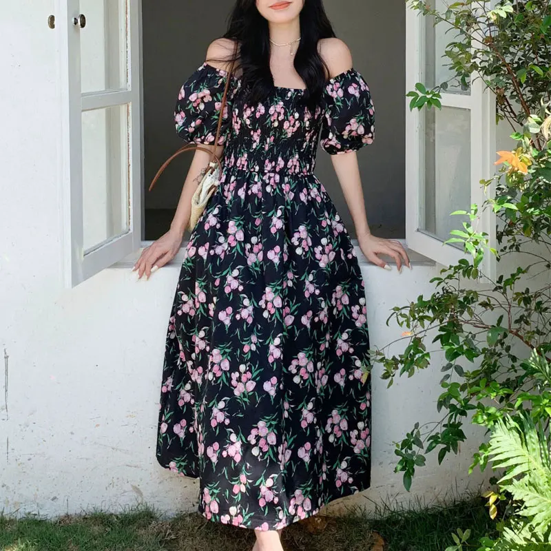 

Gentle Broken Flowers Vintage Long Dress Women's Clothing Elegant Square Collar Summer Short Sleeve Fashion Shirring Dresses New