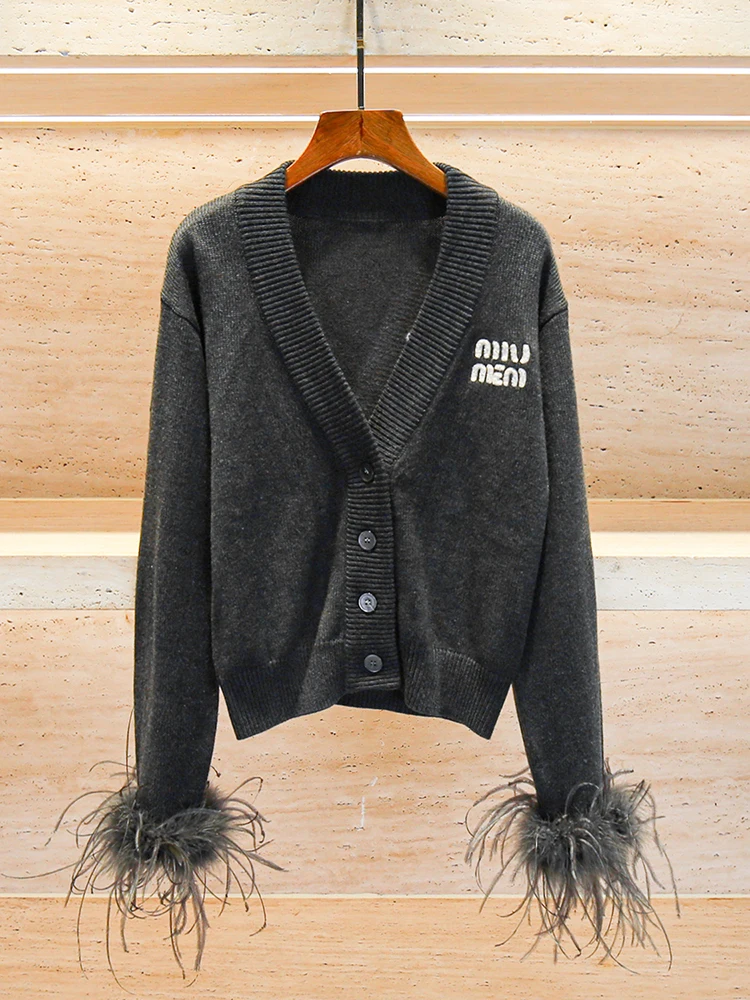 Miumem blusa fena de malha com decote em V e design de penas de avestruz outono estilo universitário moda casual csa d...