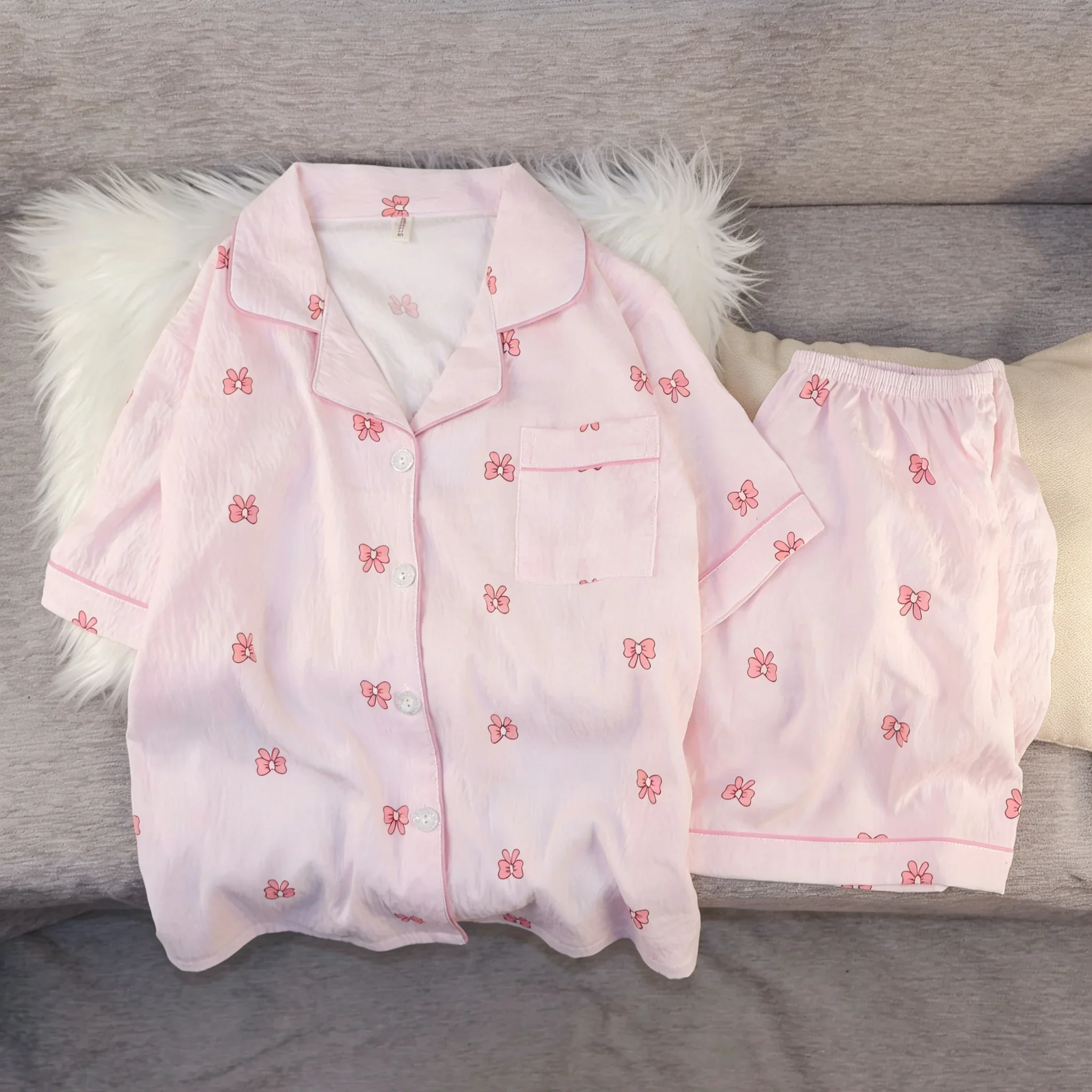 New Women Bow Cute Pajamas Set Short Sleeve Nightwear Cardigan Lapel Neck Cute Cartoon Homewear Sleepwear Loungewear Summer
