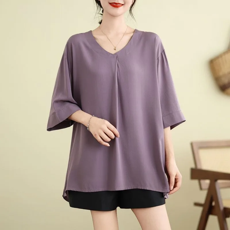 Pullover alla moda con scollo a V allentato da donna con scollo a V manica a cinque quarti tinta unita versatile semplice e confortevole top a mezza manica