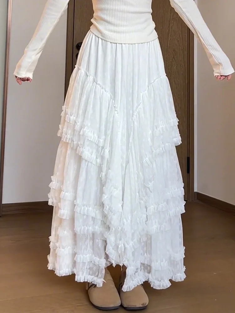 

Ele White Heavy Work f-length Skirt Women's Spring 2025 New Sle High Waist Loose Long Skirt Asymmetrical Design