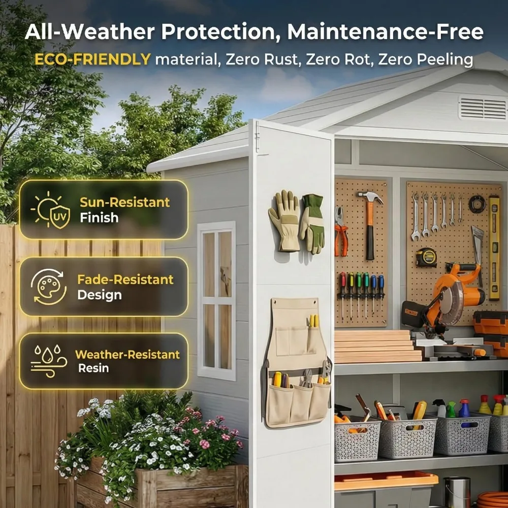 Lockable Doors Windows Plastic Tool Shed for Patio Lawn Garden Outdoor Storage Shed with Floor All Weather Resin Garden Shed