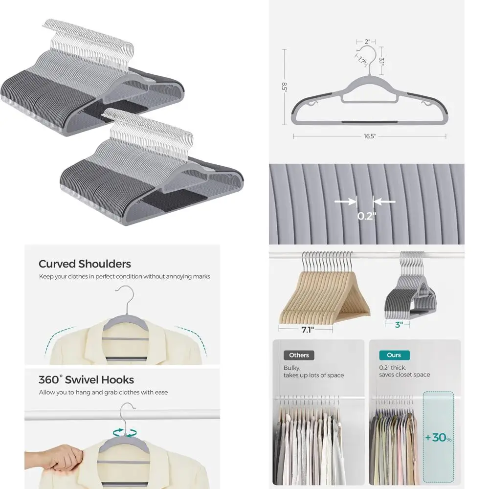 

Non-Slip Space-Saving Plastic Clothes Hangers, 100 Pack, Slim 0.2 Inches, 16.5 Inches Wide, 360° Swivel, Long-Lasting Durability