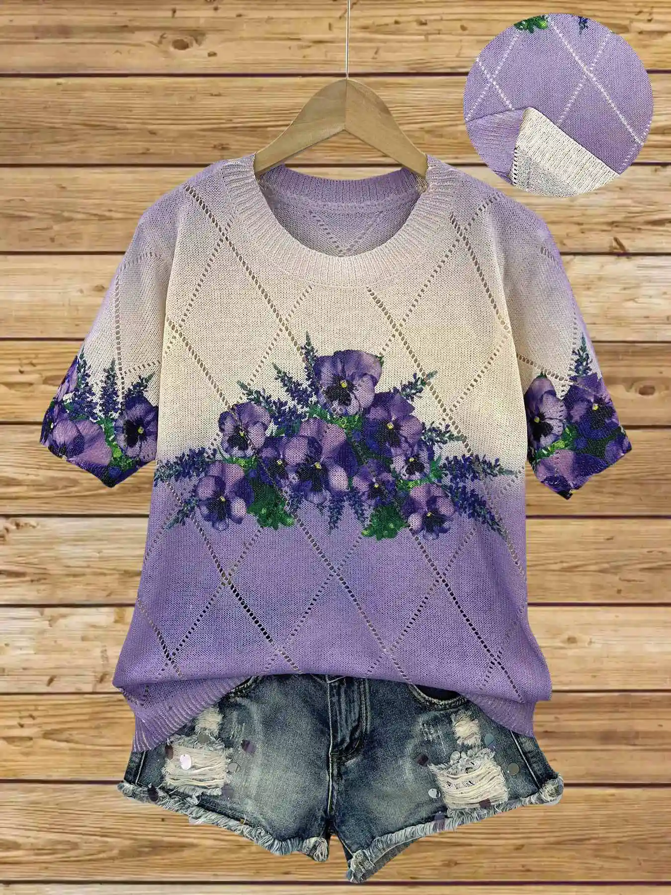 

Spring and summer fashion new style elegant and versatile V-neck short-sleeve lace-up women's top flower pattern flat digital pr