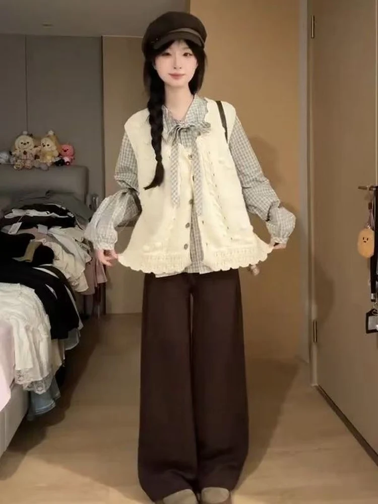 Chaleco tipo cárdigan de punto japonés para mujer Otoño Invierno Commute Plaid irt Conjunto de dos piezas Hermoso diseño Color mandarina...