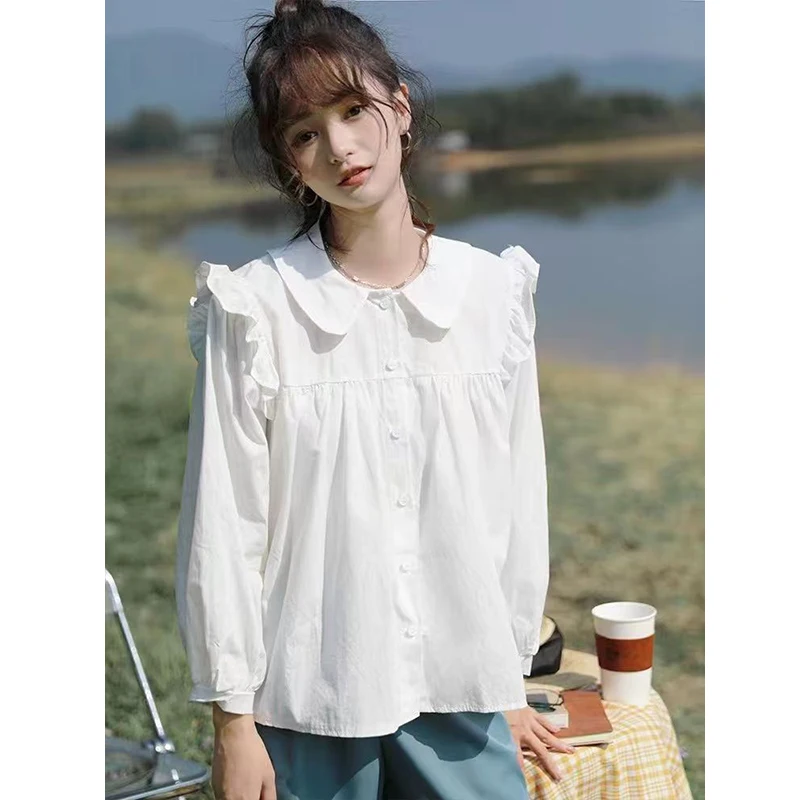 

Уникальные модные повседневные свободные женские топы во французском стиле Kawaii Lolita Sweet Peter Pan с воротником, однотонная блузка в консервативном стиле, школьная рубашка