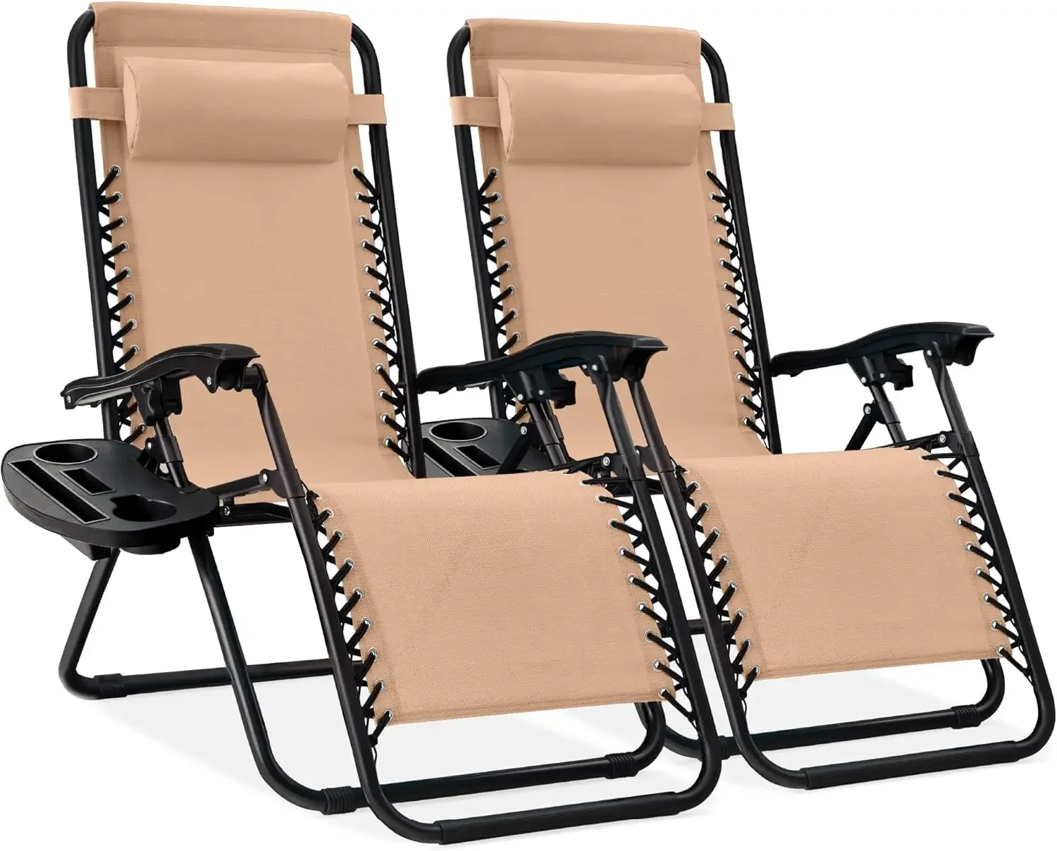 Set of 2 Adjustable Steel Mesh Zero Gravity Lounge Chair Recliners w/Pillows and Cup Holder Trays