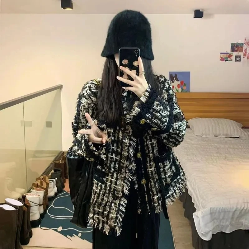 

Weaving Plaid Tweed Jacket for Women, Loose Overcoat, Round Neck, Single-Breasted Woolen Jacket, Spring Autumn Tops, New, 2023