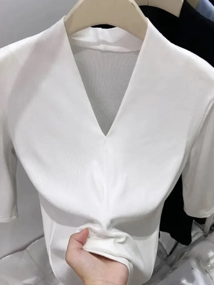 95 Cotton V-Neck Mid-Sleeve T-Shirt Women's New plus Size Slim Fit Base Shirt Five-Quarter Sleeve Summer Simple Style Top