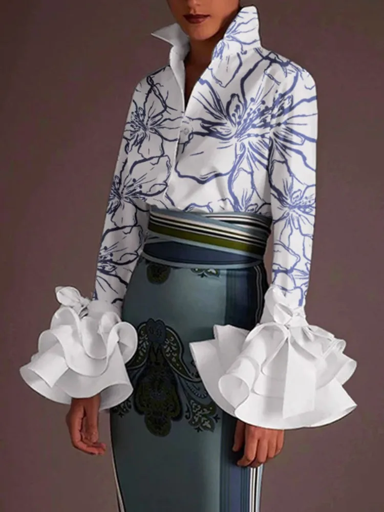 

Yeezzi 2025 New Urban Female Elegant Floral Printed Shirts Tops Women Flared Sleeves Long Sleeves Loose Casual Lapel Blouses