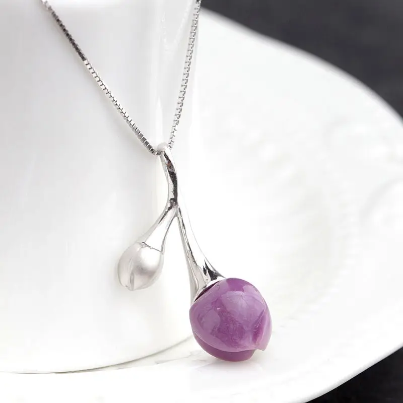 

Authentic 925 Sterling Silver Pendant Retro Style Magnolia Petal Design Inlaid Natural lepidolite Creative Trendy Pendant Gift