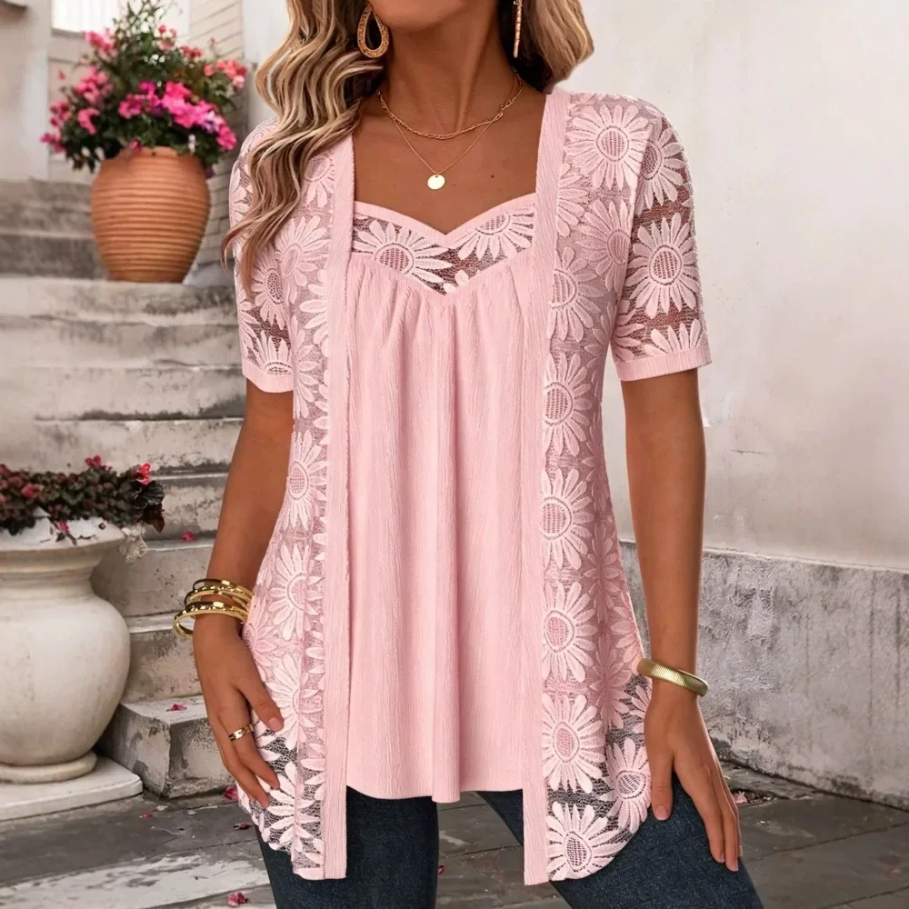 Women Floral Lace Mesh See Through Hollow Out Trim Top Y2K Sheer Mesh Layering Blouse Soft Breathable Flattering Daily
