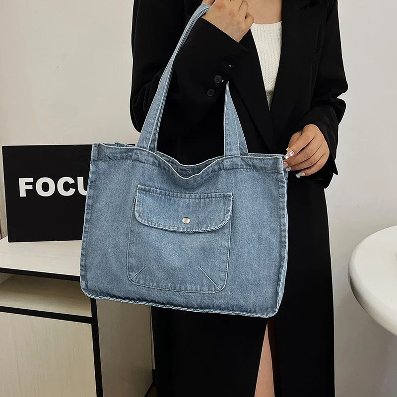 Borse Tote in Denim ad alta capacità cerniera per pendolarismo in stile base 2024 in vendita borse a tracolla da donna in tinta unita semplicità