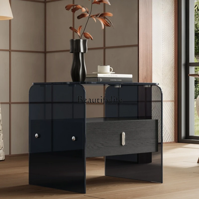 

Italian minimalist creative bedside table, black glass storage cabinet modern simplicity