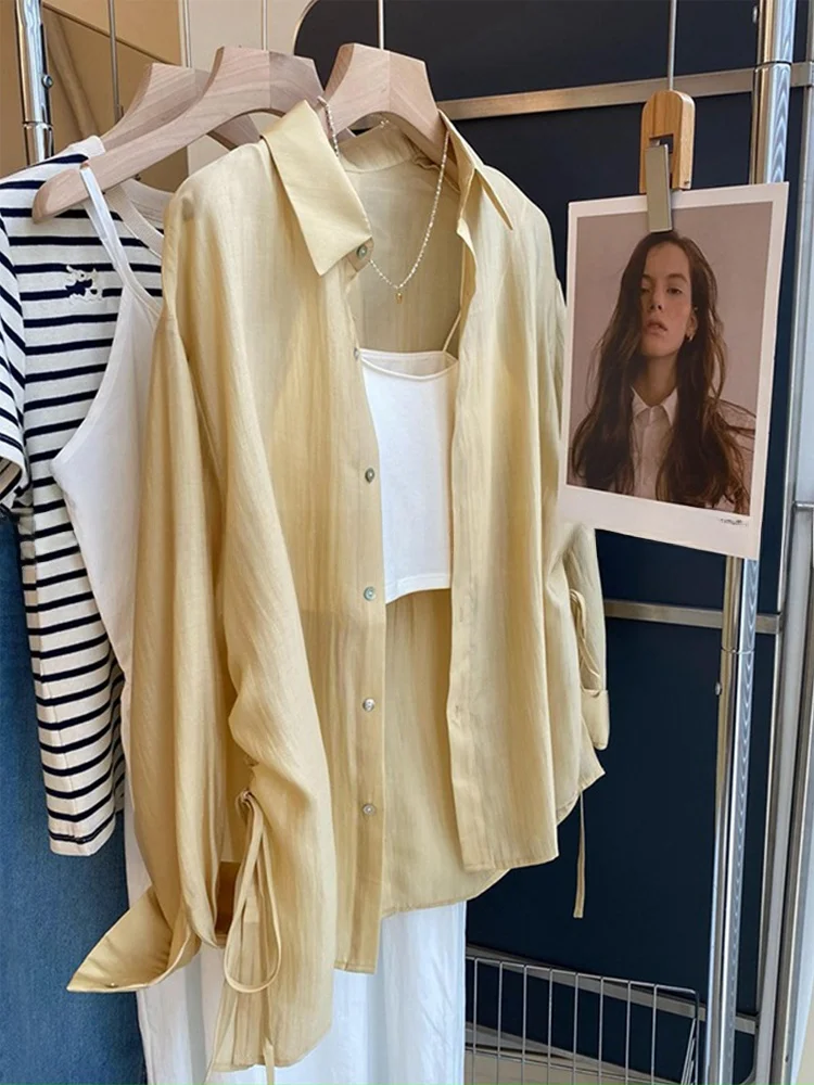 

Summer Sensation Silk Yellow Sun Protection Shirt Drawstring Thin Outerwear Women's Fashion Handpicked Store Korean Style Loo...