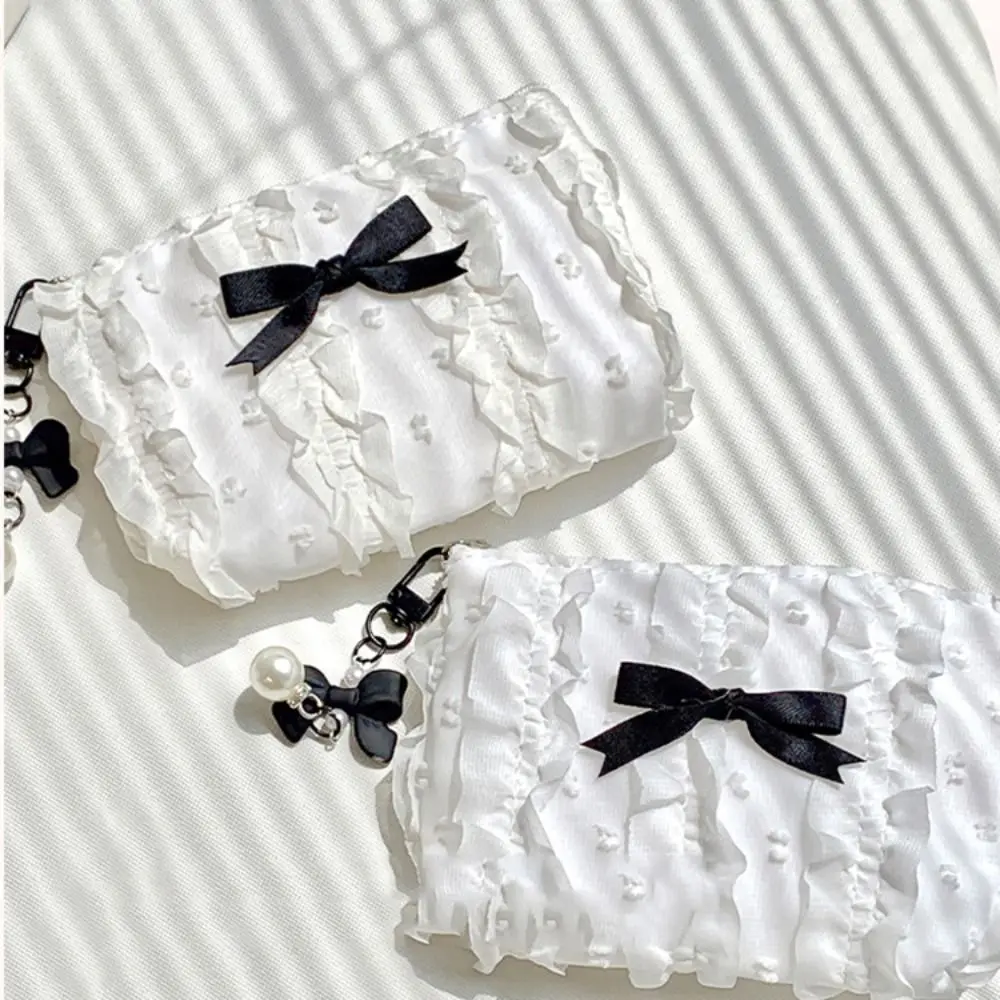 Cute Bow Girls Storage Bag Solid Color Lipstick Headphone Bag Coin Purse Large Capacity Soft Lace Clutch Bag