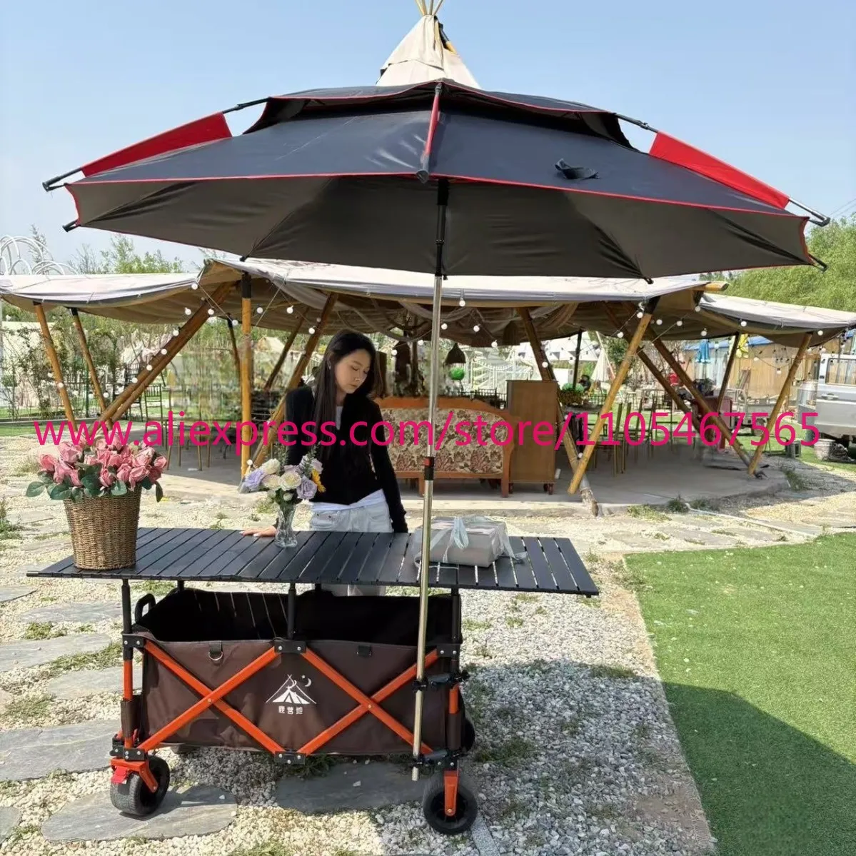 1PCS camper stall large foldable trolley outdoor camping with umbrella lifting table board raised ceiling stall truck - view 5