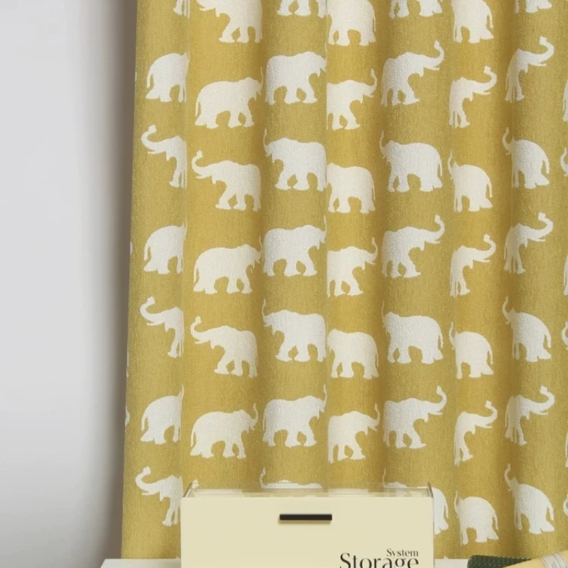 Cartoon Chenille Yellow Elephant Jacquard Thickened Curtains for Living Room and Bedroom French Window Custom Finished Product