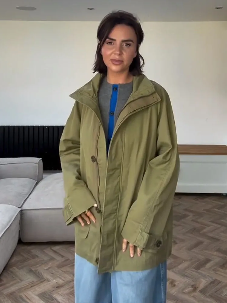 

HH Women Autumn Casual Loose Jacket Elegant Woman Zipper Single-Breasted Pocket Decorate High Collar Street Style Coat