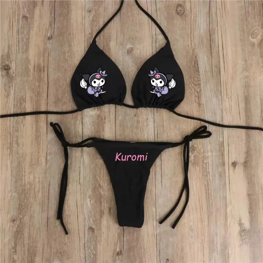 Conjunto de Bikini de Hello Kitty Grils para mujer, traje de baño Sexy de encaje con cuello Halter Sanrio, traje de baño Multicolor ajustable con tirantes, 2 uds.