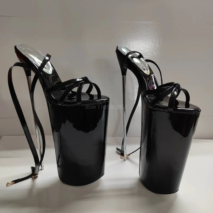 

Women Patent Leather 22 Cm High Heel Platform Sandals Ankle Strap 30 Cm Metal Stiletto Heel Clubwear Party Stripper Shoes