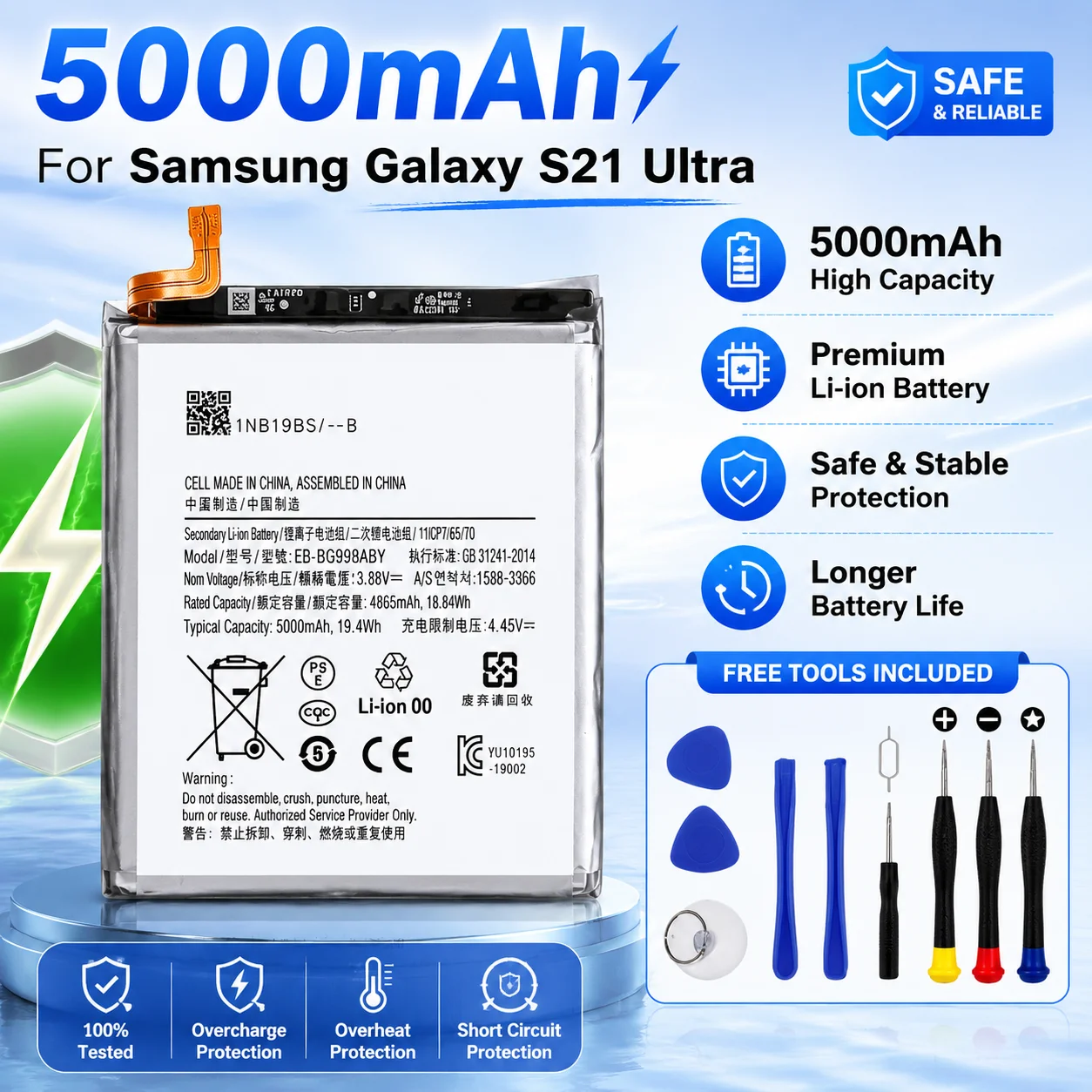 High Capacity Replacement Battery for Samsung Galaxy S21, S21 Plus, S21 Ultra, S21 FE 5G – EB-BG990ABY/998ABY/996ABY/991ABY