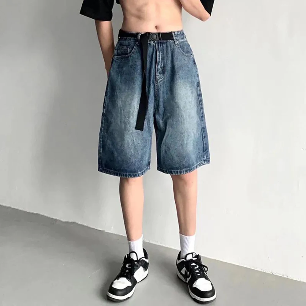 Mens Y2k Sports Casual Jeans 2024 Spring Summer New Genderless Fashion Loose Streetwear Solid Color short jeans with Belt Unisex