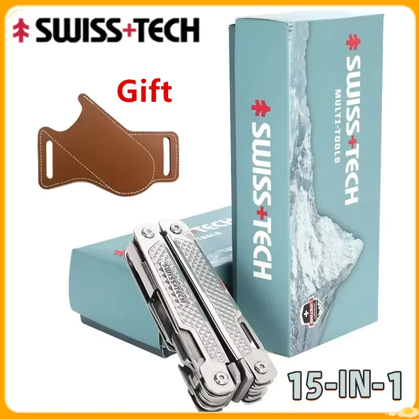 SWISS TECH 15 in 1 Multitool Folding Pliers Multifunction EDC Tool Pocket Knife Scissors Camping Outdoor Repairing Tools