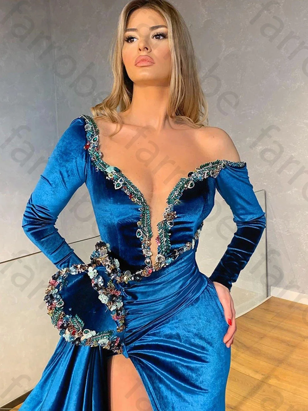 Aangepaste Koningsblauw Zeemeermin Avondjurken Kralen Kristallen Pailletten Velours Optocht Prom Gown Formele Feestjurk Lange Robe de So