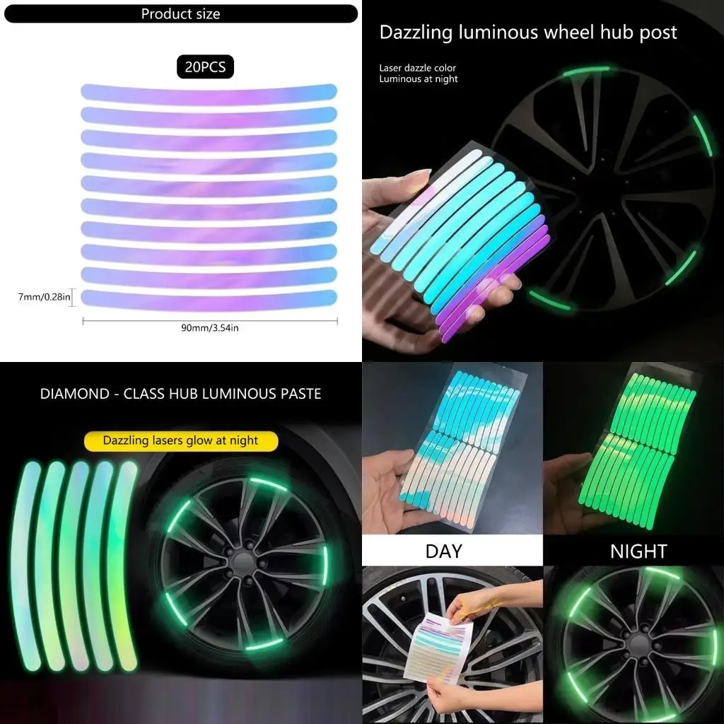 

02DE 20pcs Decorative Stripe Decal Sticker Vehicle Tire Rims Night Safety Warning Sticker Car Wheel Hub Reflective Sticker