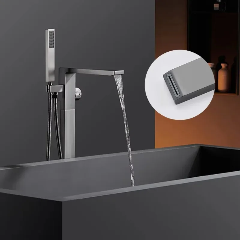 

Luxury Single-Handle Freestanding Bathtub Faucet Brass Floor Mounted Tub Spout Mixer Tap Jet Spray Brushed Surface for Hotels