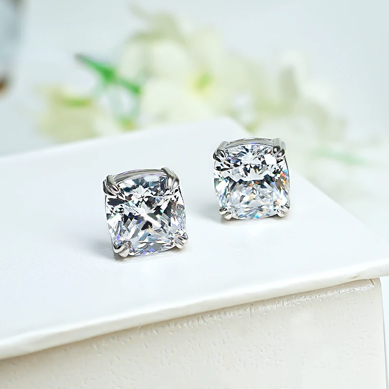 4ct Princess Square White Diamond Earrings with Silver Inlaid High Carbon Diamonds, Minimalist Earrings, Versatile Design