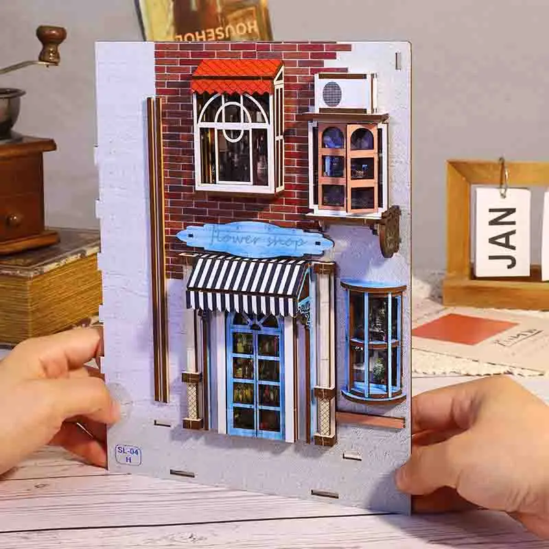 Zestaw DIY Drewniany Book Nook Wkładka do Półki Casa Miniaturowy Domek dla Lalek Wyspa Wakacje Kreatywny Zestaw do Składania Podpórka do Książek Puzzle 3D dla Dorosłych