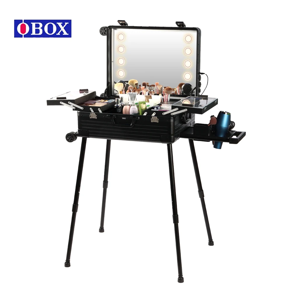 OBOX Elegant HD Lighted Mirror Cosmetic Suitcase Insert Personalized Standing Train Case For Makeup Barber Box Hairdryer Fashion