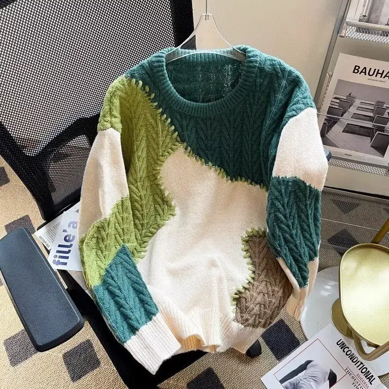 

Мужской повседневный вязаный свитер с круглым вырезом и пэчворком для осени и зимы, из мягкого полиэстера, в уличном стиле, модный