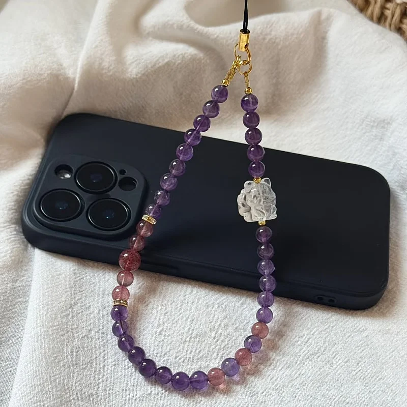 Phone Strap,Amethyst and strawberry quartz Bead Phone Strap,Healing Energy Crystal Phone Chain,Phone Wristlet, Amethyst Bracelet