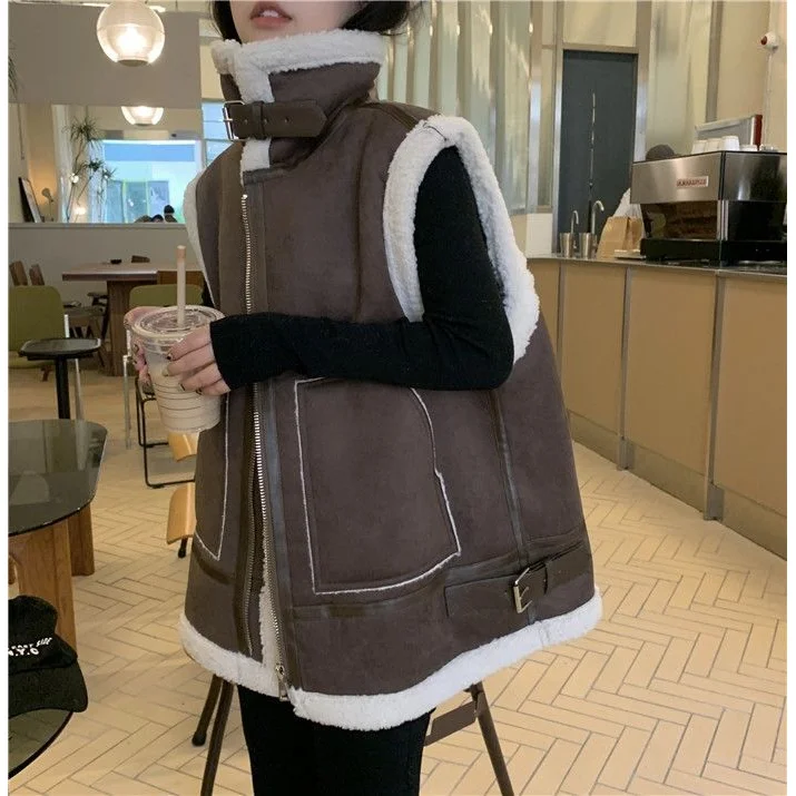 

2025 Autumn and Winter New Hairy Vest Women's Thick Standing Collar Stacked Warm Jacket