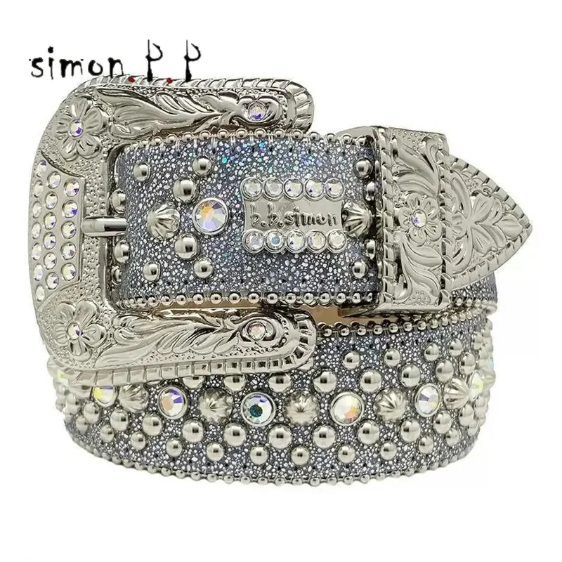 

Punk Dark Western Rhinestones Belts Luxury Brand Leather Strap Cross Flower Buckle Diamond Bling Belt Y2K Cinturones Para Mujer