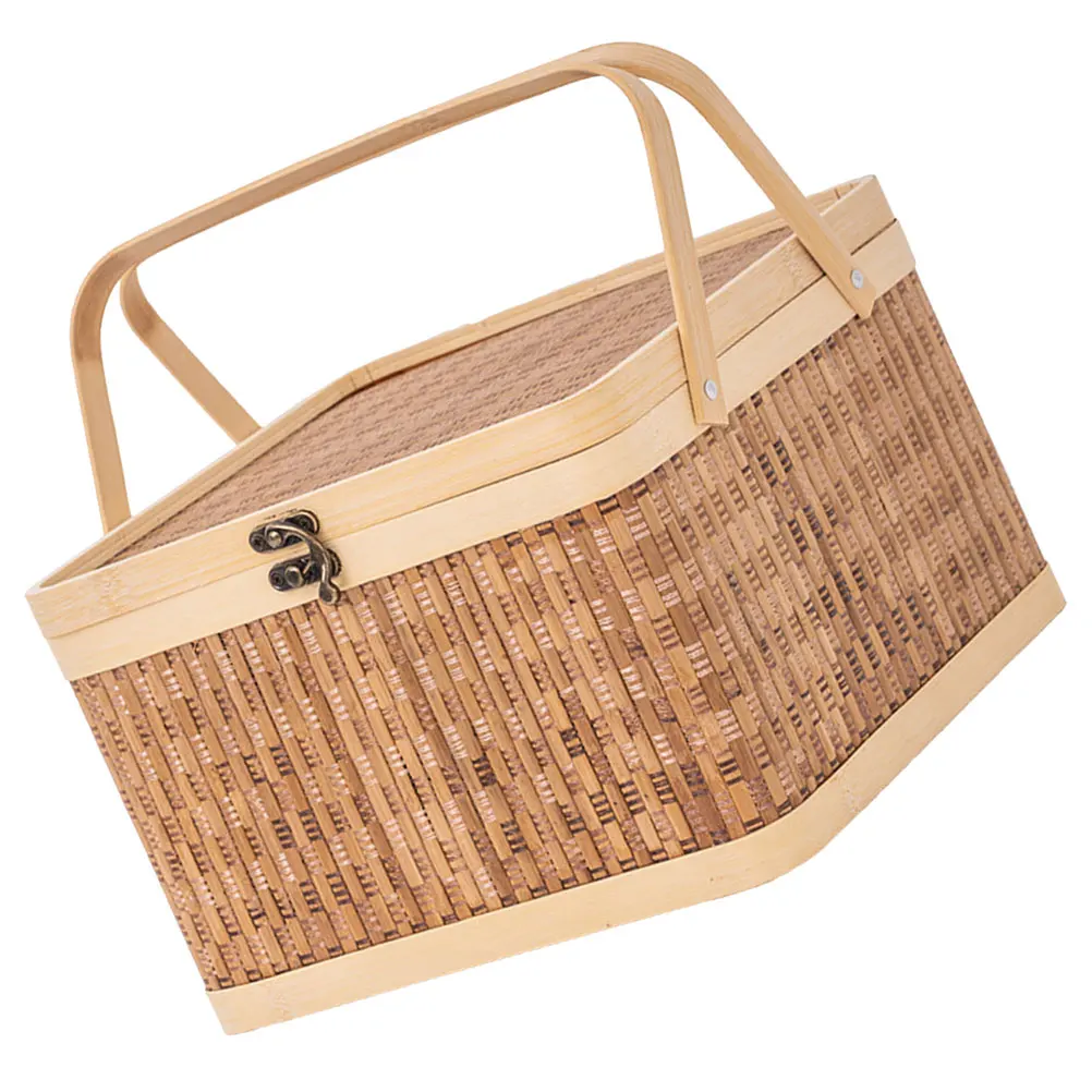 

Bamboo Woven Large Capacity H Design Lidded Egg Storage Picnic Large Bamboo Basket Decorative Vegetable Holder Home Use