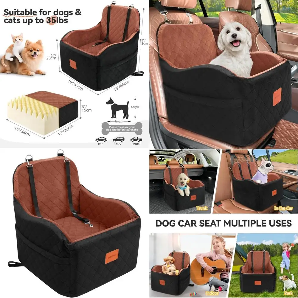 

Medium Memory Foam Dog Car Seat for Travel Safety, Washable Cover & Storage Pockets, Up to 35 lbs