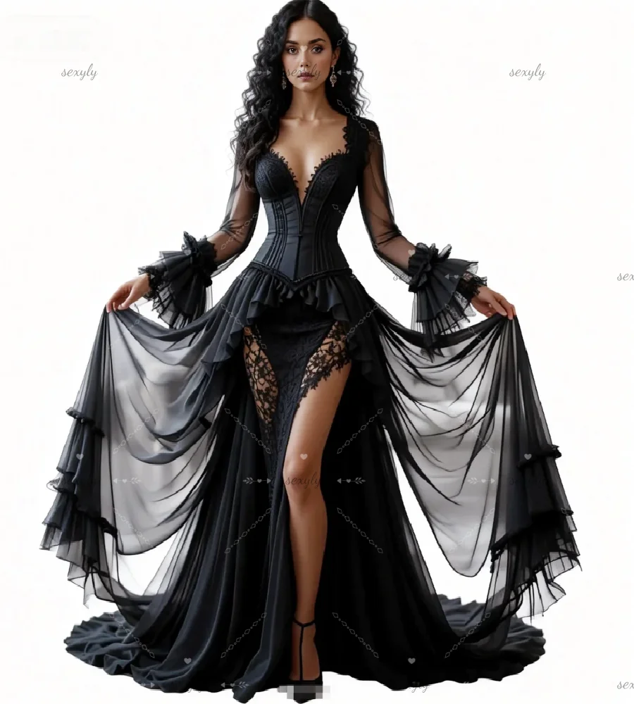 Sexy schwarzes Vampir-Abendkleid, elegantes Langarm-Abschlussballkleid mit hohem Schlitz, Spitze, ätherisches Kostüm, formelle Anlässe, böhmische Braut