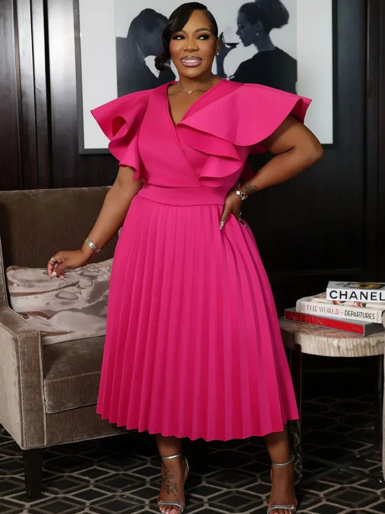 

XL-5XL Plus Size Elegant Midi Dress 2026 Summer Autumn Women Office Lady Dress Casual Short Sleeve Bandage Robe Oversize Dress