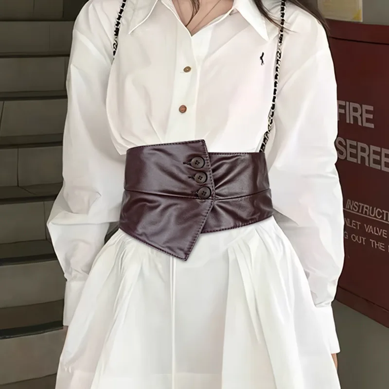 Women Versatile Wide PU Corset Waist Belt Irregular Edge Side Decor Buttons Wrap Waistband for Dating Party Fashion Accessory