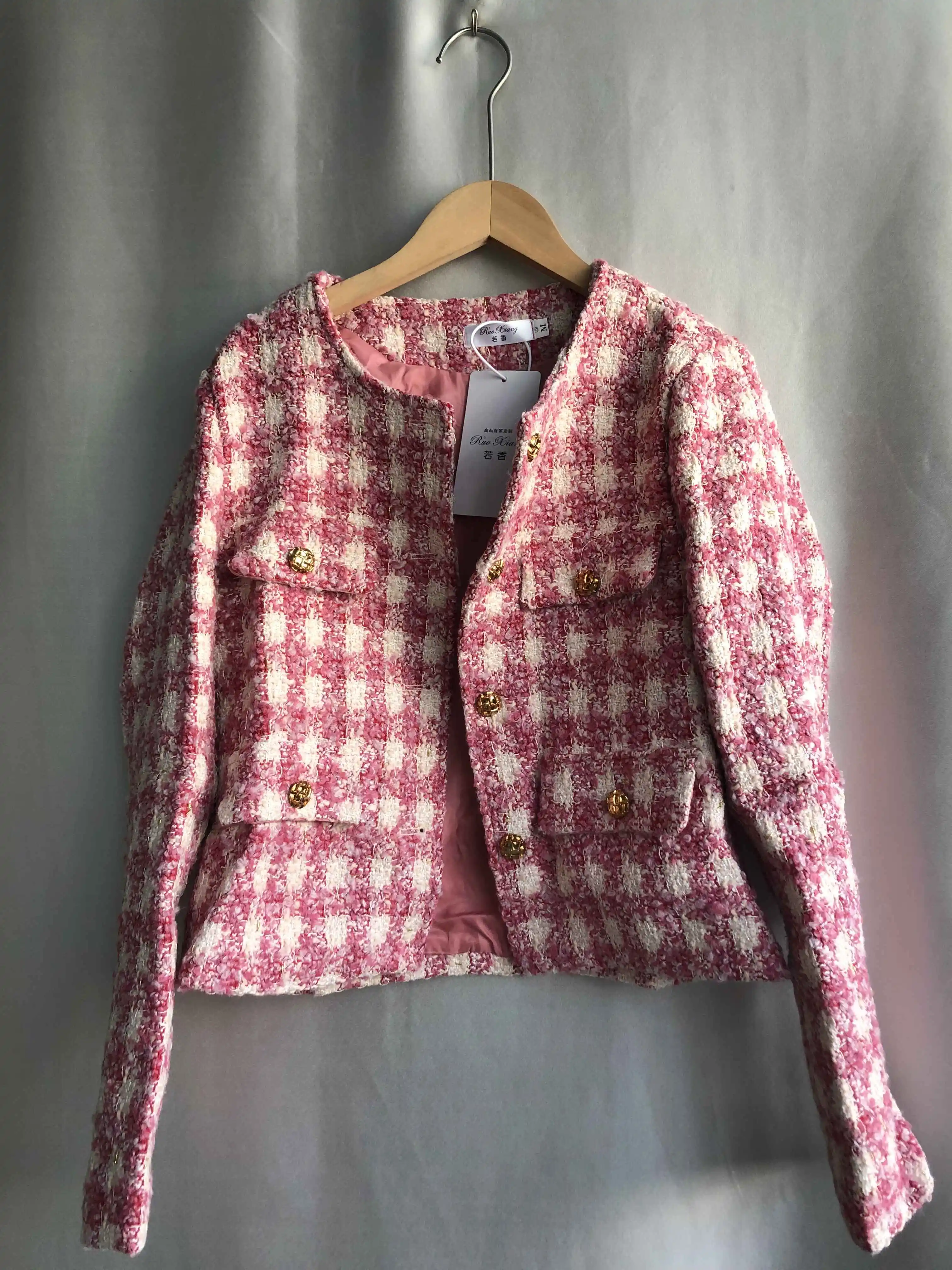 Lana y mezclas abrigo de sastre coreano para mujer, chaqueta a cuadros rosa, abrigos acolchados, chaquetas de algodón, moda elegante, temperamento de invierno