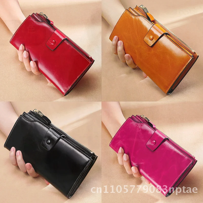 Genuine Leather Women's Long Wallet RFID Anti-theft Multi-function Hand Wallet in Wine Red Purple Black Rose Red Royal Blue