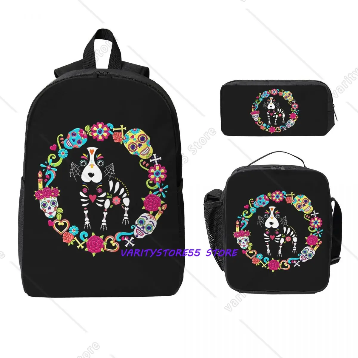 

Dog Dias De Los Muertos Day Of The Dead Backpack BookBag School Bag Laptop Shoulder Bags 3ps Insulated Lunch Bag Pencil Case